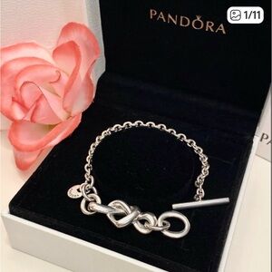 🌹🍃New Authentic Pandora Sterling Silver Knotted Heart Lariat T-Bar Bracelet🍃🌹